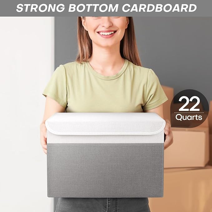 Bagnizer Large 22 Quart Linen Fabric Foldable Storage Bin Cube Organizer Basket with Flip-Top Lid & Handles, Clothes Blanket Box for Home, Office, Closet, Gray & White, 4 Pack 14.6 x 9.5 x 9.5” - Image 6