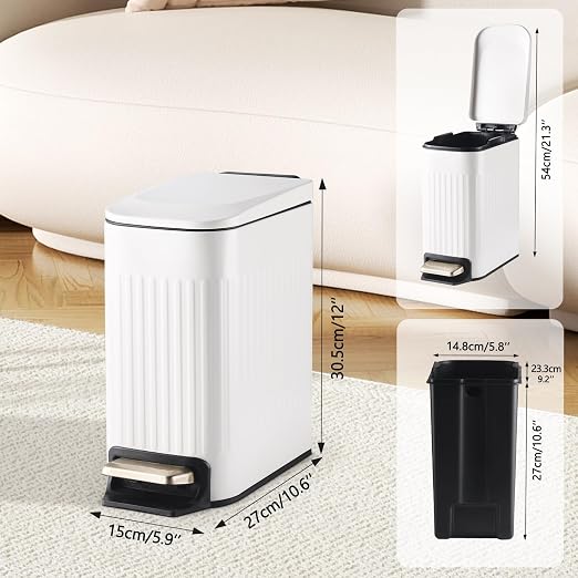 SYNCVIBE Slim Bathroom Trash Can with Lid Soft Close, Stainless Steel Garbage Can Step Trash Bin with Removable Inner Bucket for Bedroom, Office, Kitchen (Matt White, 1.8 Gallons) - Image 3