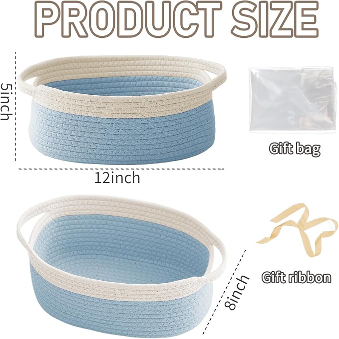 JMvicyroam Woven Basket,Small Rope Storage Bin with Handles & Ribbon Bag, Organizer for Shelves Closets,Gift Basket Empty for Birthday,Books,Dog Toys, White&Blue - Image 2