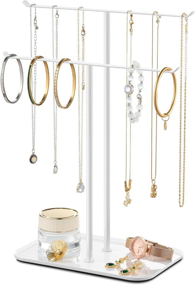 pickpiff Necklace Holder Jewelry Organizer Stand – 2‑Tier T‑Bar Jewelry Display Tree with Tray for Countertop Necklace Bracelet Earring Storage, Vanity Dresser Bathroom Sink, White by pickpiff