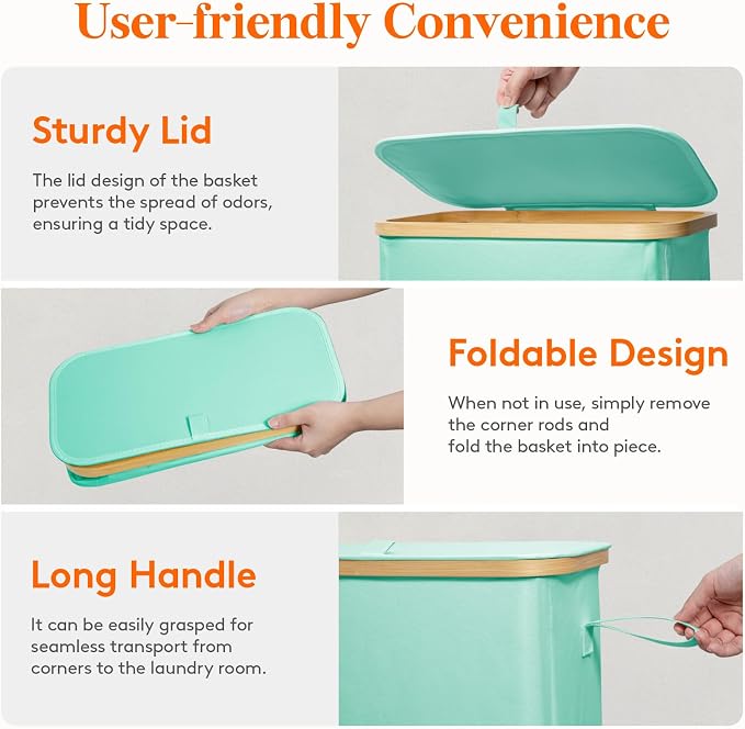 Lifewit 65L Slim Laundry Hamper with Lid, Narrow Laundry Basket with Removable Bag & Bamboo Handles, Fodable Thin Dirty Clothes Hamper for Laundry Collapsible Bin for Bathroom Bedroom Dorm, Sage Green - Image 5