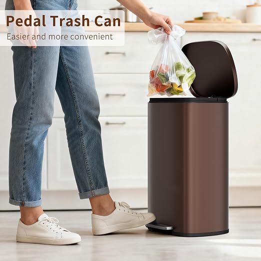 PayLessHere Stainless Steel Trash Can with Lid - Removable Inner Bucket, Foot Pedal Soft Close for Office, Home, Kitchen Garbage Bin (Brown, 13 G) - Image 2