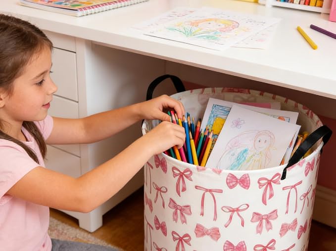 Kids Laundry Basket Animal Hamper for Nursery Pink Hamper Cute Kids Storage Bin Organizer Room Decor for Home(Bowknot) - Image 4