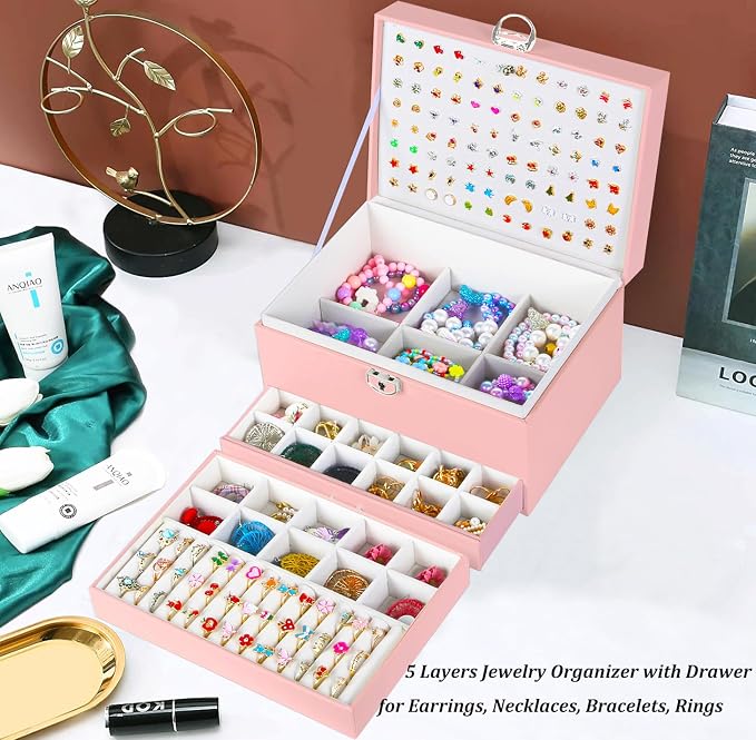 QBestry Earring Jewelry Box for Girls Pink, 5 Layers Jewelry Organizer with Lock Key Jewelry Boxes for Women Necklace and Earring Holder Organizer for Girls Teen Jewelry Box Earrings Case Xmas Gifts - Image 8