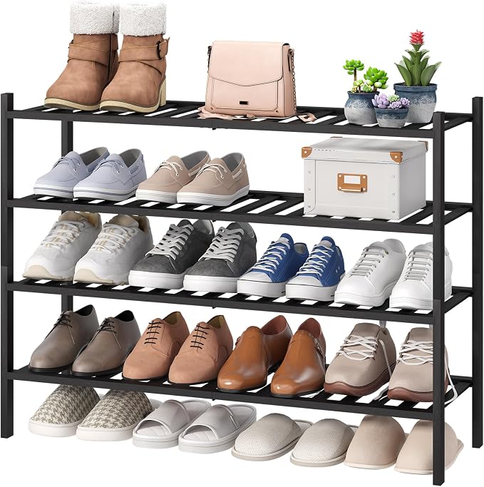 viewcare Black 4-Tier Long Shoe Rack, Bamboo Wood, 33-Inch by VIEWCARE
