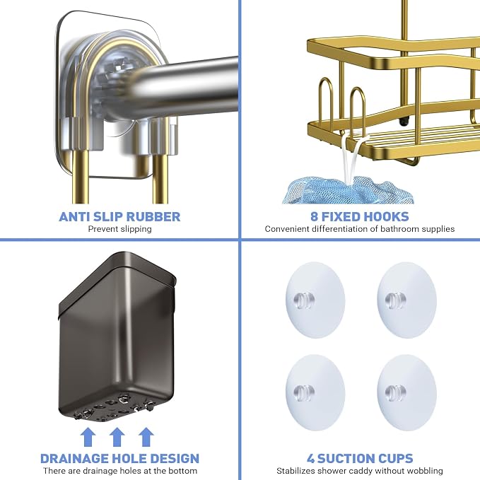 Aitatty Hanging Shower Caddy Bathroom Organizer: Rustproof Shower Shelf Racks Over Shower Head - No Drilling Inside Bath Shower Rack Shelves Over Showerhead for Shampoo with Soap Holder Gold - Image 5