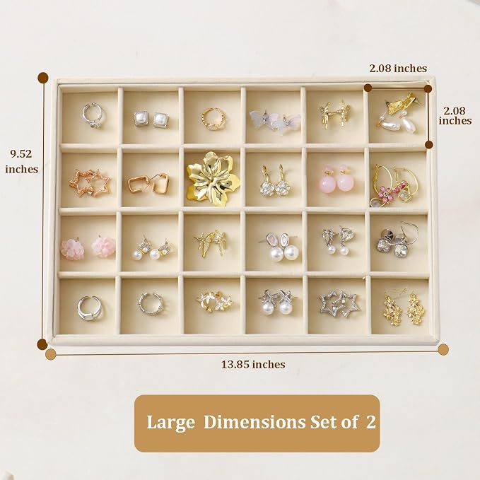 Large Velvet Jewelry Tray 2 Pack Stackable Jewelry Display Drawer Inserts Trays Organizer for Earring Bracelet Necklace Ring (Beige, 24 Grids) - Image 3