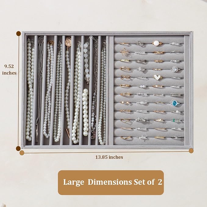 Large Velvet Jewelry Tray 2 Pack Stackable Jewelry Display Drawer Inserts Trays Organizer for Earring Bracelet Necklace Ring (Gray, Ring and 9 Grids) - Image 4