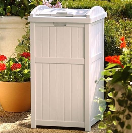 Suncast 6 Pack 15.75" x 16" x 31.6" Trash Hideaway 33 Gallon Resin Outdoor Commercial Garbage Container with Lid for Backyard, Deck, or Patio in Taupe - Image 5