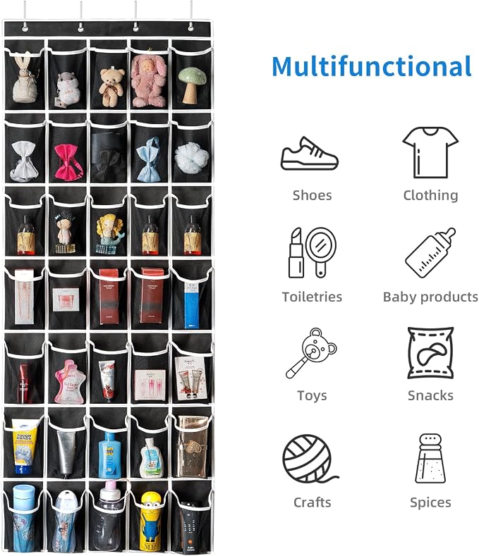 SAVERHO 35 Pockets Over the Door Shoe Organizer, Hanging Shoe Organizer for Door with 35 Mesh Pockets Large Capacity Shoe Hanging Storage Bag with 4 Metal Hooks (Black-1Pack) - Image 7