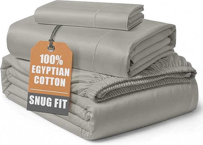 LANE LINEN 100% Egyptian Cotton Bed Sheets sábanas Twin XL, Soft & Comfy Luxury Hotel Thick Bedding Sheets & Pillowcase Set, Machine Wash Cooling 15'' Twin XL Deep Pocket Sheet Set - Silver
