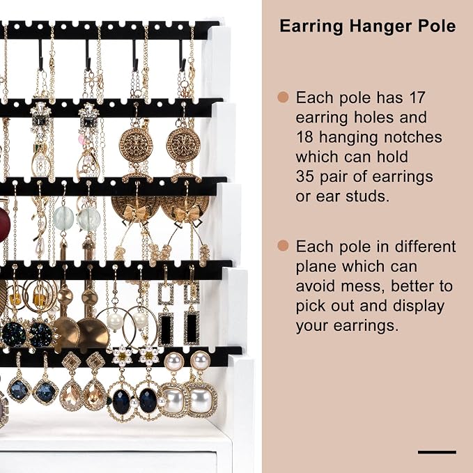 Pinzoveco Earring Organizer, 5 Layer Earring Holder Organizer with Necklace Holder Pole, Rustic Wood Jewelry Organizer Stand Display for Stud Earring Bracelet Necklace Ring, 175 Earring Holes - Image 3