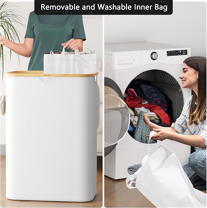 SpaceAid Double Laundry Hamper 2 Section with Lid and Removable Laundry Bags, 160L Clothes Basket with Bamboo Handles, Large Collapsible Hamper for Bedroom, Bathroom, Dorm, Laundry Room - White - Image 4