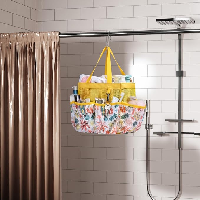 F-color Shower Caddy Portable - Mesh Shower Bag Basket Tote for College Dorm Room Essentials Bathroom Gym Camp Quick Dry for Women Men with S Hook, Yellow Beach - Image 6