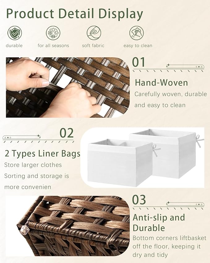SETVSON Storage Basket with Lid Wicker Baskets for Storage with 2 Separate Lid 42.3 Gallon (160 L) 29.9 x 17.3 x 18.1 Inches Rattan Woven Large Wicker Basket with 2 Liners for Bedroom Laundry Brown - Image 3