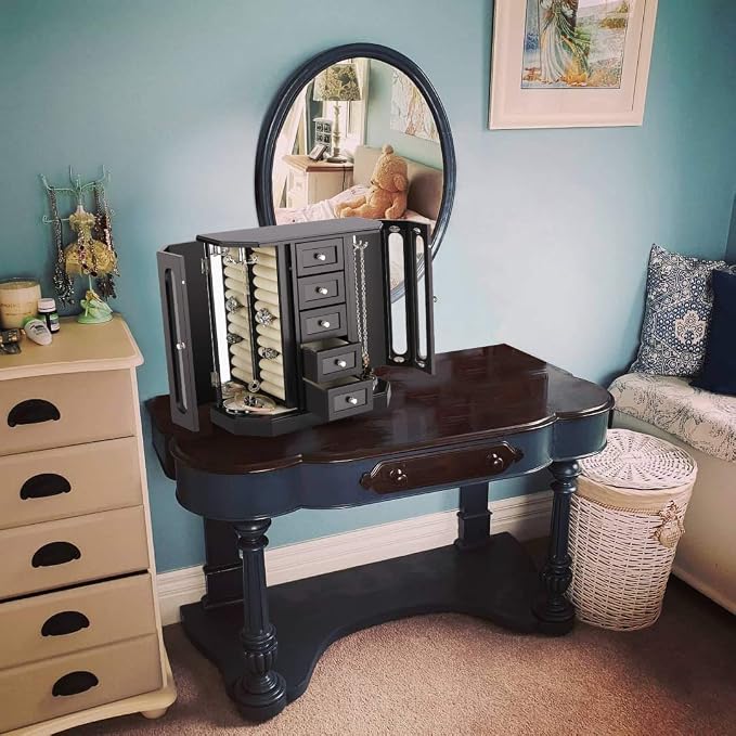 RR ROUND RICH DESIGN Jewelry Box - Made of Solid Wood with Cabinet Type 5 Drawers Organizer and 2 Separated Open Doors on 2 Sides and Large Mirror Black - Image 6