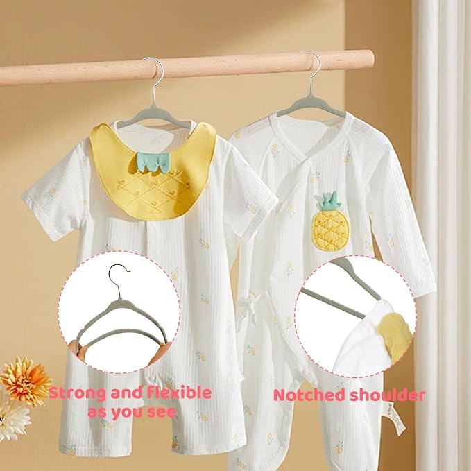 ManGotree 11" Baby Velvet Hangers, Non-Slip Infant Coat Hangers, Ultra-Thin Toddler Felt Hanger with 360° Swivel Hook, Space Saving Children's Hanger for Kids Clothes, 48 Pack (Grey) - Image 4