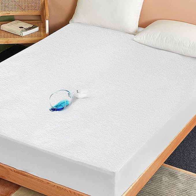 SKY BEDDINGS California King Size Waterproof Mattress Protector - Premium Terry Mattress Cover, Ultra Soft, Breathable, Noiseless Bed Cover, Fitted Sheet with Deep Pockets Upto 15" - White