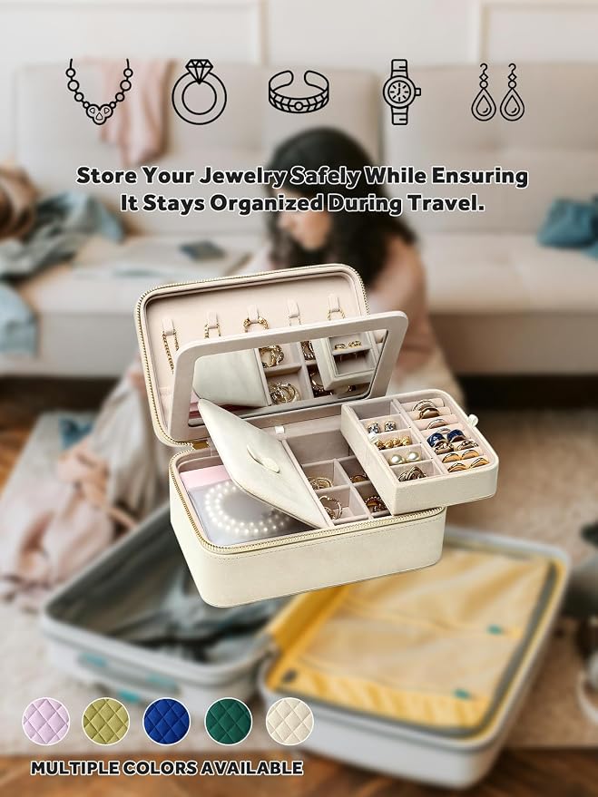 Velvet Travel Jewelry Box with Large Mirror, Double-Layer Jewelry Organizer Case for Women and Girls, Portable Storage Case with 6 Anti-Tarnish Bags Gift Ready for Her (Beige) - Image 8