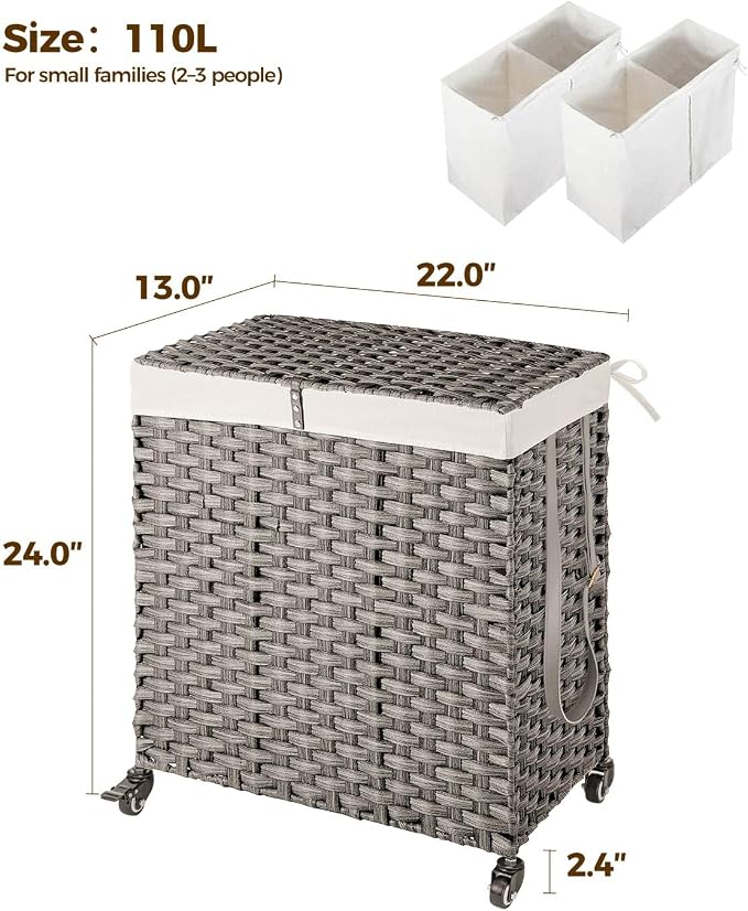 Greenstell Laundry Hamper with Wheels, No Install Needed, 110L Divided Handwoven Hampers & 2 Removable Liner Bags, Rattan Clothes Laundry Basket with Lid & Handles, Foldable Hampers Gray 22x13x26.4 In - Image 5