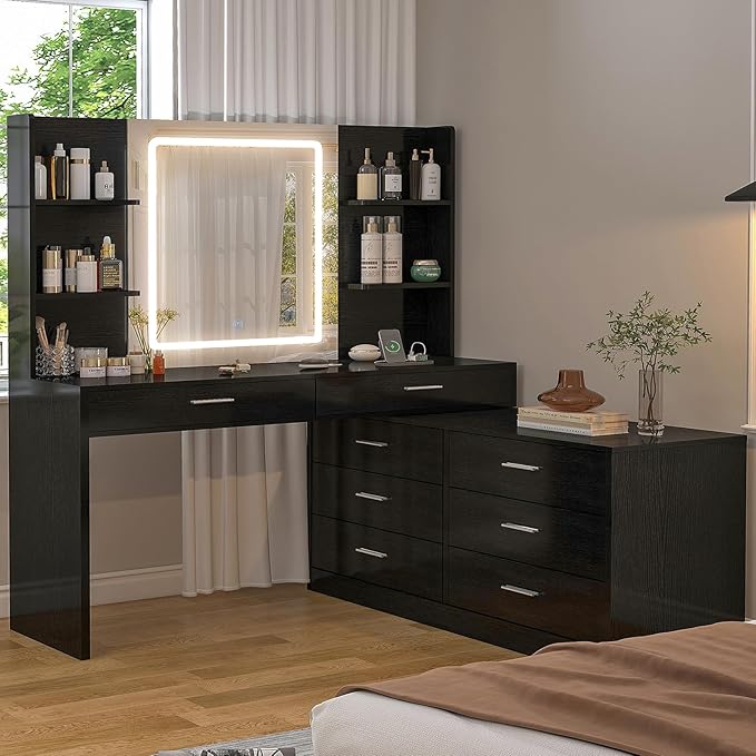 FIONESO Vanity Desk with LED Light Mirror & Power Outlet, 8 Drawers, 6 Storage Shelves, 3 Color Modes & Adjustable Brightness Makeup Vanity, Corner Vanity, L Shape Vanity, 39.4”-64.9" Desk, Black