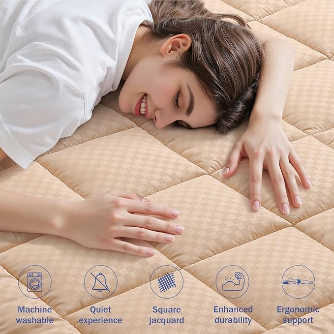 OLANLY Full Quilted Fitted Mattress Pad, Elastic Fitted Mattress Topper, Cooling Soft Mattress Cover Stretches up to 21 Inches Deep, Machine Washable Mattress Protector (54x75 inch, Beige)