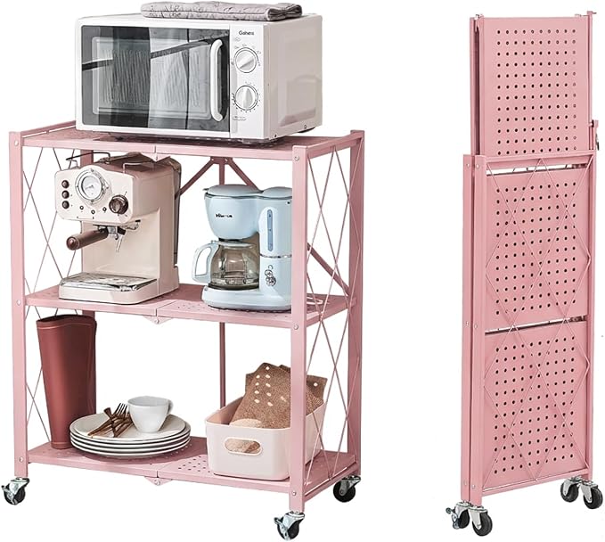 BRIAN & DANY 3-Tier Foldable Storage Shelves with Wheels, No Assembly Folding Shelf Metal Rack, Shelving Unit for Kitchen, Garage, Pink - Image 4