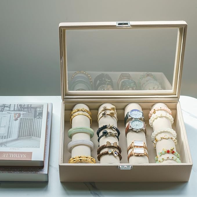 Bracelets Organizer Rods Bangles Display Holder, Clear See through Lid Leather Velvet Jewelry Storage Box Case for Women, 4 Rods Apricot Leather - Image 8
