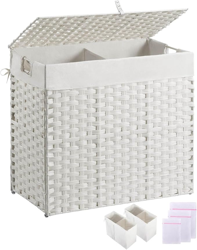 Greenstell Laundry Hamper with lid, No Install Needed, 130L Wicker Laundry Baskets Foldable 2 Removable Liner Bags, 2 Section Clothes Hamper Handwoven Rattan Laundry Basket with Handles, White by Greenstell