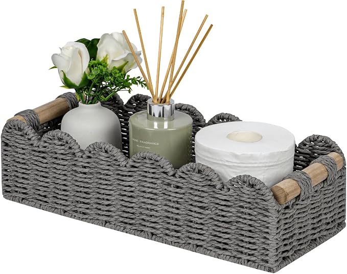 CubesLand Scalloped Edge Toilet Paper Storage Basket, Living Room Home Cozy Decor Basket, Paper Rope Small Baskets for Over Toilet Storage Shelf, End Table, Shelves, with 2 Wooden Handles, Grey by CubesLand