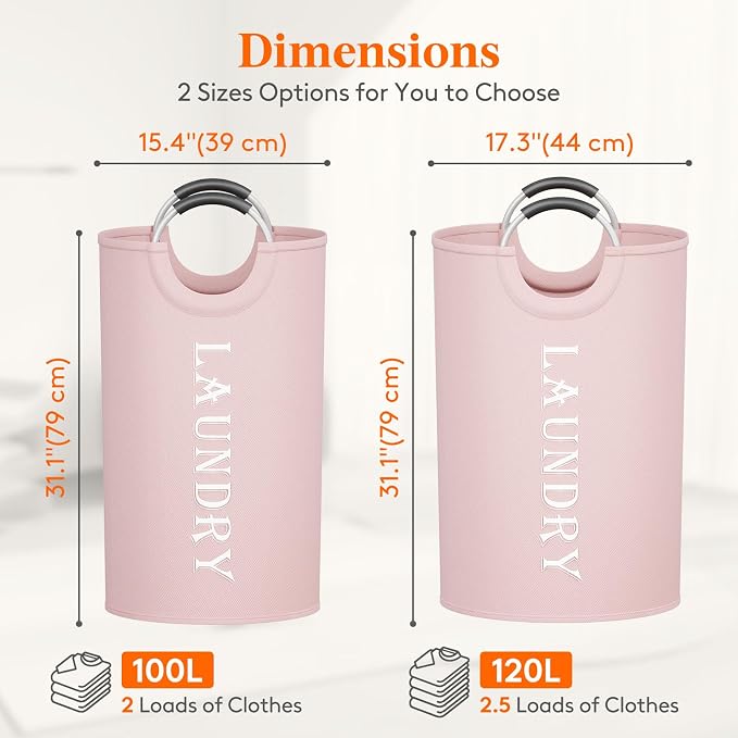 Lifewit 100L 2-Pack Large Laundry Basket, Collapsible Laundry Hamper with Aluminum Handles, Waterproof Freestanding Dirty Clothes Hampers for Laundry Room Bedroom Dorm Bathroom, Pink - Image 2