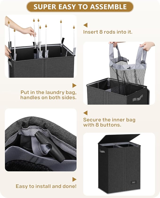 SOLEDI Double Laundry Hamper with Lid, 130L Clothes Hamper 2 Section, Laundry Basket with Removable bag, Bed room decor aesthetic, laundry room organization, Home and dorm room essentials - Image 6