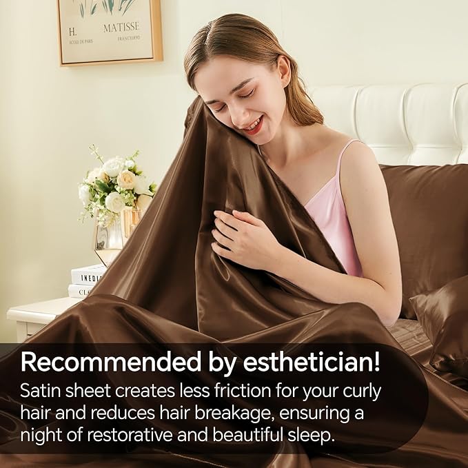 BEDELITE Satin Sheets Twin Size Bed Set, Luxury Soft Brown Silky Sheets for Hair and Skin, Similar to Silk Bed Sheets Set 3 Pieces with 1 Deep Pocket Fitted Sheet, 1 Flat Sheet, and 1 Pillowcase