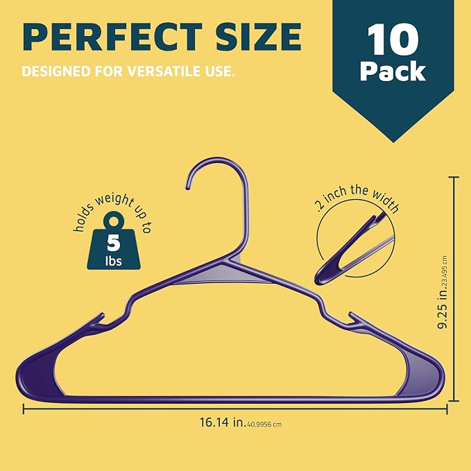 Lifemaster Plastic Clothes Hangers – Heavy Duty Hanger Set, for Organizing Clothes, Dresses, and Coat, Holds Up to 5 lbs, Space-Saving Hangers with Non-Slip Shoulder Grooves, Pack of 10, Purple - Image 2