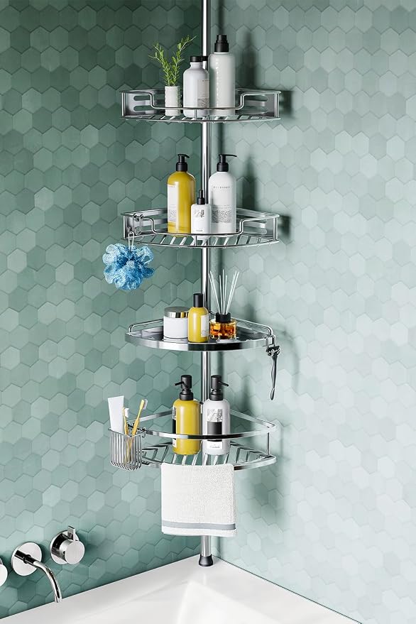 HAMITOR Corner Shower Caddy Tension Pole: Quick Installation 4-Tier Rustproof Bathroom Organizer Shelves for Bathtub Shampoo Storage - 47-121 inch Adjustable Floor Standing Bath Rack Holder - Silver by HAMITOR