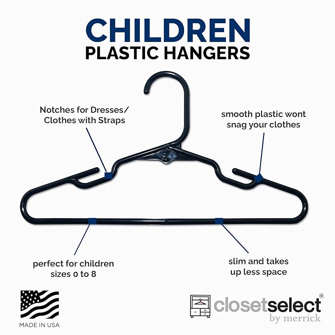Closetselect Childrens Hangers 30 Pack - 11.75 Inch Plastic Kids Hangers for Closet, Baby Hangers for Children Clothes Sizes 0 to 8, Non-Slip Infant Hangers with Shoulder Grooves, Made in USA | Black - Image 3