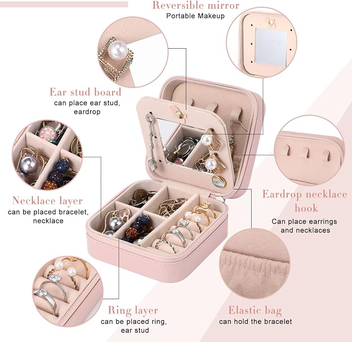 Hillban Bridesmaid Gifts Jewelry Box with Mirror, PU Leather Small Travel Jewelry Case Organizer Storage for Women Girls - Image 4