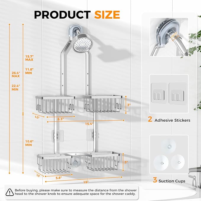 REINHARDT Aluminum Shower Caddy Hanging Adjustable Shower Caddy, Rustproof Hanging Shower Organizer with Hooks Soap Holders, Over Shower Head Caddy for Handheld Showerhead, Silver - Image 7