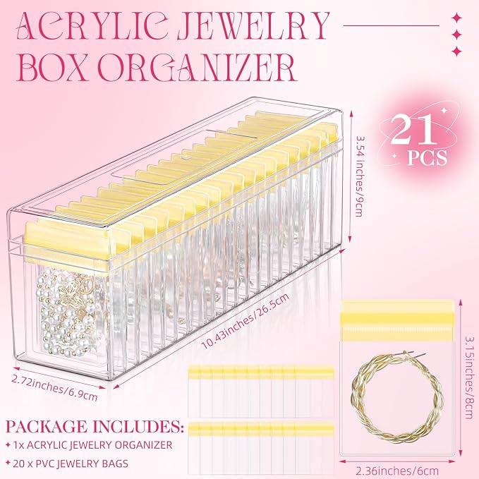 Kenning 21 Pcs Acrylic Jewelry Case Organizer, Clear Jewelry Organizers Holder with Portable Anti Tarnish Storage Bags for Rings, Earrings, Necklaces, Ideal Gifts for Women (Yellow) - Image 2