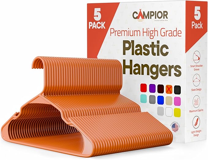 Plastic Clothes Hangers – Heavy Duty Hanger Set, for Organizing Clothes, Dresses, and Coat, Holds Up to 5 lbs, Space-Saving Hangers with Non-Slip Shoulder Grooves, Pack of 5, Orange by Campior