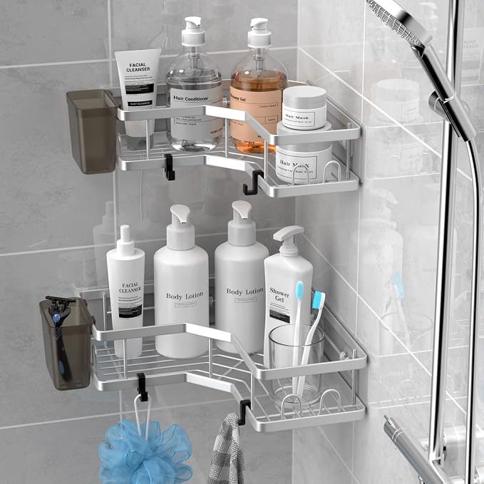 AKTECKE Corner Shower Caddy Shelf Rack: 2 Pack Adhesive Shower Organizer Essentials - No Drilling Stainless Steel Bathroom Storage Rack with Hooks and Toothpaste Holder by AKTECKE