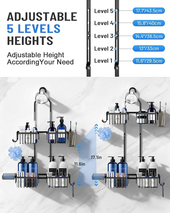 Adjustable Shower Caddy Hanging for Handheld Showerheads - Never Rust Shower Hanging Organizer, Upgraded Bathroom Shower Rack with Soap Basket, Hooks and Toothbrush Holder (Black) - Image 4