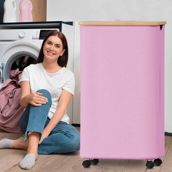 SUOCO Laundry Hamper on Wheels 100L, Clothes Basket with Lid and Bamboo Handles, Foldable Laundry Hamper for Bedroom, Bathroom, Dorm, Laundry Room - Pink - Image 2