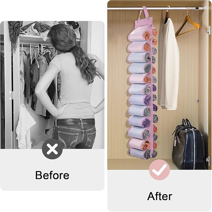 DHSFKBE Legging Organizer Storage, Shirt Organizer, Foldable Hanging Closet Organizer Storage with 26 Roll Independent Compartments for Yoga Pants, Tank Top, Towel, Underwear (Pink) - Image 3