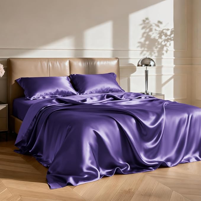Love's cabin Satin Queen Sheets Set - 4 Piece Purple Silky Bed Sheets Set with Deep Pocket, Luxury Silk Feel Satin Queen Size Sheet Set (1 Flat Sheet,1 Fitted Sheet,2 Pillow Cases)