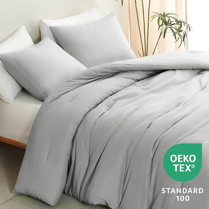 CozyLux Queen Comforter Set Light Grey, 3 Pieces Solid Comforters Queen Size Breathable Bedding Sets, Light Gray Luxury Soft Lightweight Bed Set with Down Alternative Comforter and 2 Pillowcases