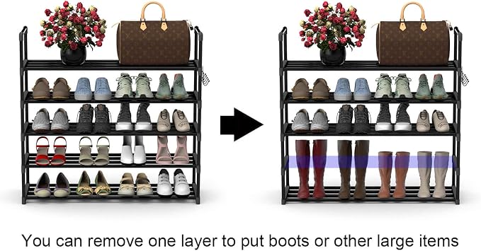 Hsscblet 5 Tiers Metal Shoe Rack,Adjustable Shoe Shelf Storage Organizer with Hooks,Stackable Boot & Shoe Storage,for Entryway,Hallway,Closet,Black - Image 5