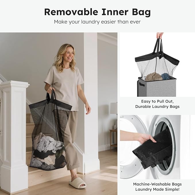 SOLEDI Laundry Hamper with Lid 100L Large & Tall Collapsible Laundry Basket, Clothes Hamper with Bag Removable Easy to Carry, Dirty Hampers for Bedroom, Bathroom, Dorm, College, Grey - Image 4