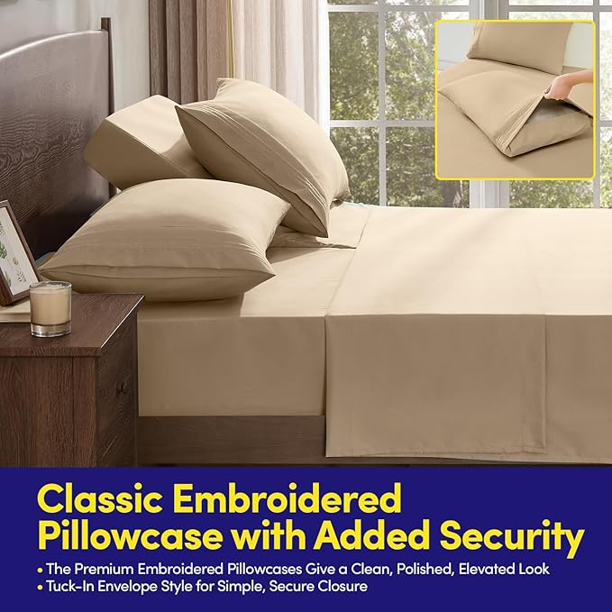 Split Head King Sheets Set for Adjustable Beds 4 Piece Flex Top Bed Sheets – Deep Pocket Split Top Fitted Sheet with Built-in Corner Straps, Luxury Soft Cooling Bedding, Wrinkle Resistant, Beige