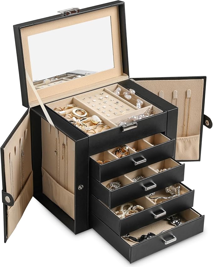 Frebeauty 5-layer Jewelry Box,Faux Leather Jewelry Organizer with 4 Drawers,Jewelry Organizers and Storage with Mirror,Jewelry Holder Organizer for Necklace,Jewerly Boxers for Women Girls(Black) by Frebeauty